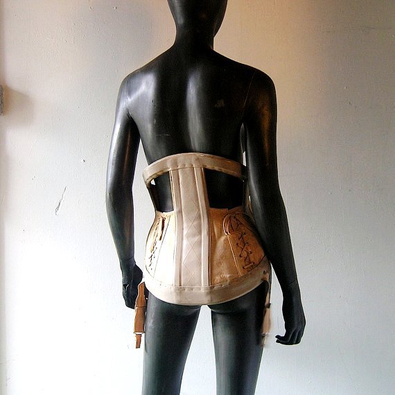 Couture posture corset - hand made 1940s 1950s - antique lingerie shapewear fetish wear - Gossard style fabric w/leather trim